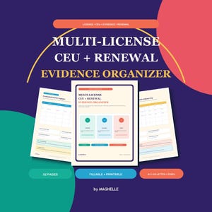 Puede incluir: Una plantilla digital de organizador de evidencias de renovación y CEU multilicencia con una página de portada central y dos páginas laterales con tablas. El texto dice Multi-License CEU + Renewal Evidence Organizer, 52 Pages, Fillable + Printable, A4 + US Letter + Excel, y by Maghelle.