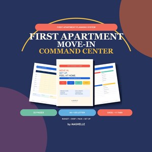 Może przedstawiać: Cyfrowy system planowania zatytułowany First Apartment Move-In Command Center, zawierający centralny dokument z tekstem Move In, Set Up, Feel At Home, otoczony dwiema dodatkowymi stronami planowania, z etykietami dla 32 stron, formatów A4 i US Letter.