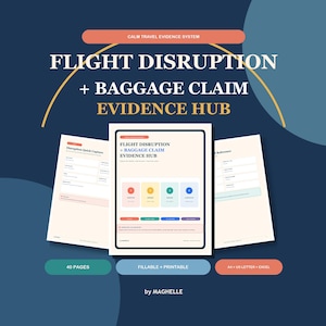 Puede incluir: Un documento digital titulado Flight Disruption + Baggage Claim Evidence Hub, que presenta una página central con cuatro iconos de colores y texto, flanqueada por dos páginas adicionales. El diseño incluye un fondo azul oscuro con arcos amarillos.