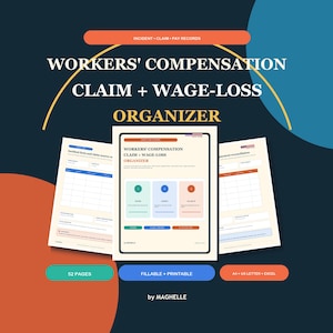 May include: A Workers' Compensation Claim + Wage-Loss Organizer document set featuring a central cover page with three colored boxes, flanked by two internal pages with tables for incident facts and payment reconciliation, labeled by MAGHELLE.