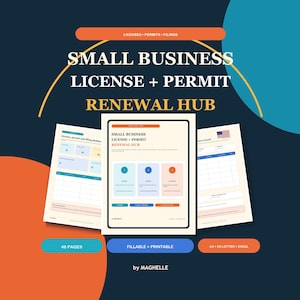 Könnte beinhalten: Ein digitales Dokumentenset mit dem Titel Small Business License + Permit Renewal Hub, bestehend aus einer zentralen Seite mit drei farbigen Feldern, flankiert von zwei weiteren Seiten mit Tabellen, vor einem dunklen Hintergrund mit orangefarbenen und blauen Kreisen.