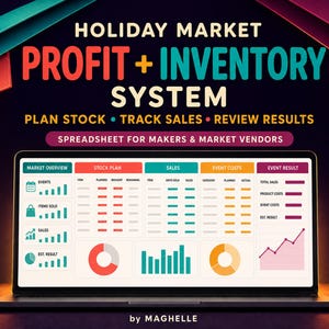 Voorraad- en verkooptracker voor kerstmarkten, winstdashboard voor verkopers, printbare standplanner