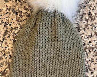 Sage Winter Knitted with XL Pom Pom Hat