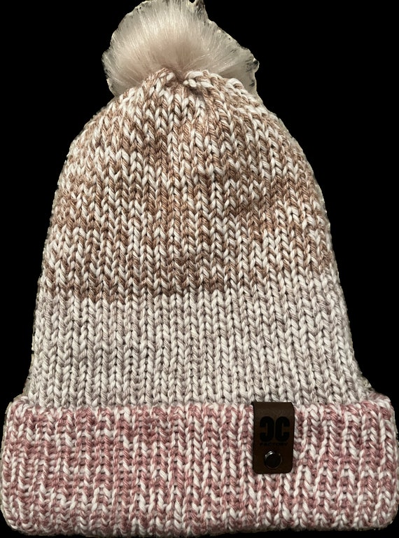 Mauve, Brown & Cream Winter Knitted Pom Pom Hat - Etsy display picture 1