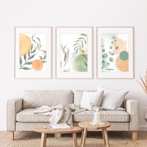 Watercolor Botanical Wall Art Prints: Green & Orange Leaf Set (Digital Download)