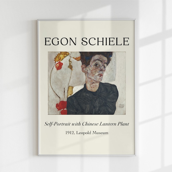 Self-Portrait with Chinese Lantern Plant by Egon Schiele | Iconic Artwork Reproduction | Printable Wall Art