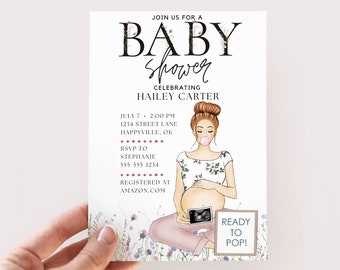 Invitación lista para hacer estallar baby shower, invitación de baby shower niña, invitación de baby shower editable, invitación de baby shower de niña, floral