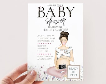 Invitación lista para hacer estallar baby shower, invitación de baby shower niña, invitación de baby shower editable, invitación de baby shower de niña, floral