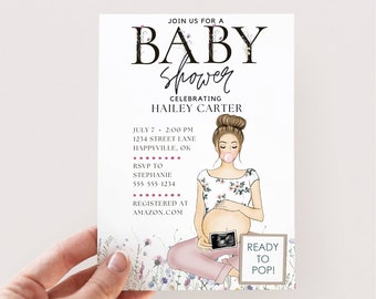 Invitación lista para hacer estallar baby shower, invitación de baby shower niña, invitación de baby shower editable, invitación de baby shower de niña, floral