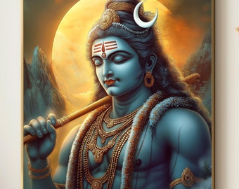 May include: A painting of a Hindu deity, Shiva, with a blue skin tone, wearing a garland of flowers and a crescent moon on his forehead. He is holding a staff in his hand and is surrounded by a golden halo.