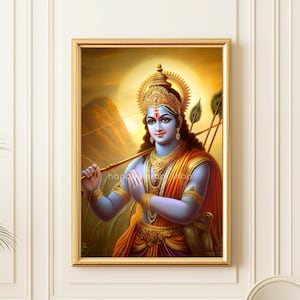 Lord Rama Painting, Hindu God Art, Hinduism Poster, Traditional Indian Home Decor, Spiritual Illustration, Navaratri Dussehra Wall Art