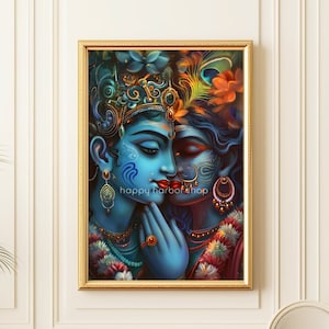 Radha Krishna Art, Hindu Gods Painting, Traditional Indian Home Decor, Yoga art print, Spiritual Illustration, Hinduism Canvas Wall Art