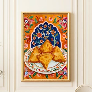 サモサ ポスター、インドの印刷可能な壁アート、デシ アート、現代南アジア アート、ネパール アート プリント、デジタル フード アート
