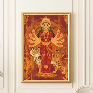 Durga with Tiger Art, Hindu Goddess Durga Painting, Durga Print, Indian God Artwork, Printable Poster