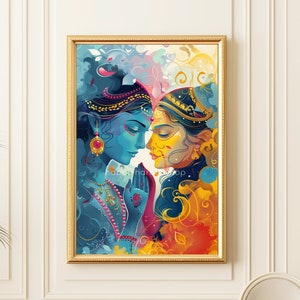 Radha Krishna Painting, Hindu God Art, Indian Wall Art, Spiritual Illustration