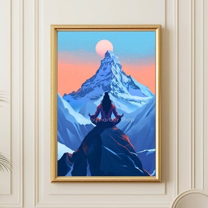 Lord Shiva Meditating Art, Hindu God on Mount Everest Painting, Hinduism Print