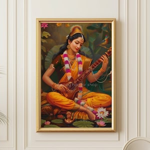 Saraswati Painting Hindu Goddess Wall Art Saraswati Illustration Hindu God Artwork on Canvas Painting