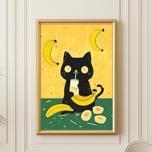 Bananen-Wand-Druck schwarze Katze Trinkt Banane Milch Lustiges Poster Sofort-Download Küche Digitales Obst-Kunstwerk Skurrile Geburtstagskarte
