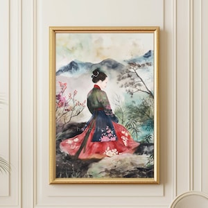 Korean Hanbok Watercolor Painting, Traditional Korean Woman Wall Art Print, Asian Aesthetic Decor, Korean Gift, Canvas