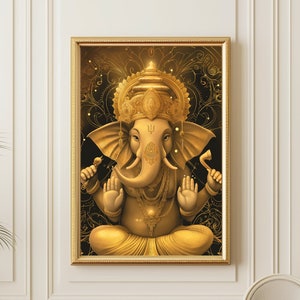 Lord Ganesha Art Painting, Gold Hindu Wall Art, Ganesha Wall Art, Elephant God Ganesh Traditional Puja Decor on Canvas