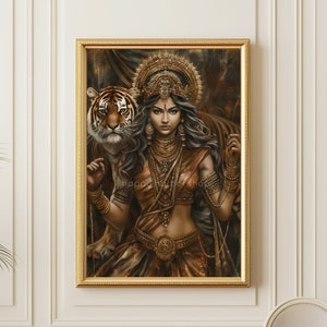 Durga Poster, Hindu Goddess Durga Painting, Durga Print, Traditional Kalamkari Artwork Digital Download