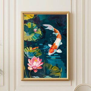Koi Fish Painting, Lotus Illustration, Zen Japanese Poster, Digital Art Print