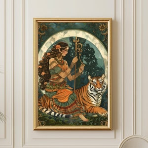 Durga and Tiger Poster, Goddess Durga Painting, Durga Print, Indian Wall Art, Hindu Artwork