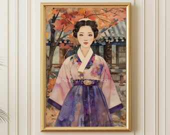 Korean Art Painting Asian Art Hanbok, Korea Art, Asian Wall Decor, Korean Painting, Korean Travel Gift, Woman in Hanbok Canvas Painting