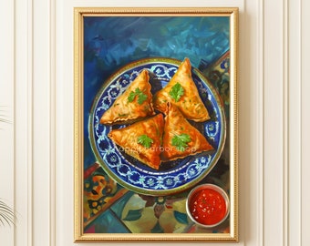 Indian Printable Wall Art, Samosa Poster, Desi Art, Modern South Asian Art, Nepal Art Print, Home Wall Decor Digital Food Art Painting