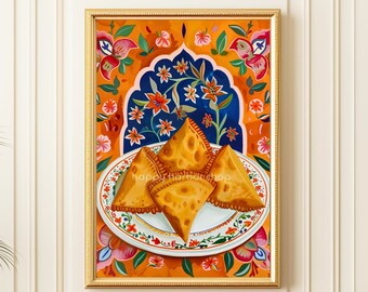 Samosa Poster, indische druckbare Wandkunst, Desi Kunst, moderne südasiatische Kunst, Nepal Kunstdruck, digitales Essen Kunst