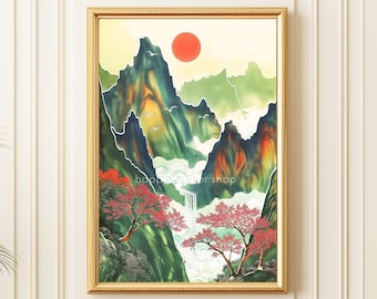 Pittura popolare coreana, stampa artistica di paesaggio tradizionale coreano, stampa poster di decorazioni murali coreane