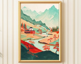Korean Painting, Korean Traditional Landscape Art Print, Aesthetic Korean Wall Decor, Folk Art Poster Print