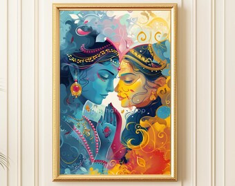 Radha Krishna Painting, Hindu God Art, Indian Wall Art, Spiritual Illustration