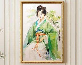 Korean Hanbok Painting Korean Watercolor Painting Art Print, Asian Wall Decor Canvas Artwork, Korean Gift