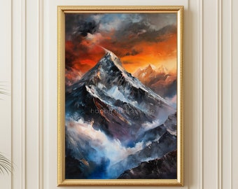 Mount Everest-schilderij, muurkunst Himalaya, reizen Nepal Print canvaskunstwerk, bergen bij zonsondergang