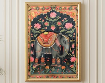 May include: A framed painting of an elephant in a colorful floral setting. The elephant is adorned with a red and gold patterned blanket. The painting has a dark background and a gold frame.