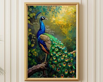 Indian Peacock Painting Indian Wall Art, Wildlife Print Mughal Artwork Living Room Decor, Exotic Bird Gift, Kalamkari Poster Digital