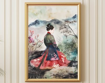 Korean Hanbok Watercolor Painting, Traditional Korean Woman Wall Art Print, Asian Aesthetic Decor, Korean Gift, Canvas