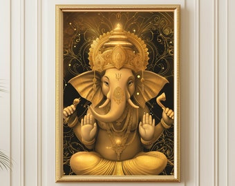 Dipinto artistico raffigurante il dio Ganesha, opera d'arte indù dorata, opera d'arte murale raffigurante il dio elefante Ganesh, decorazione tradizionale Puja su tela.