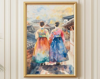 Hanbok Korean Art, Friendship Watercolor Painting, Korean Wall Art Cultural Poster Print, Digital Download