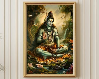 Puede incluir: Una pintura de Shiva, una deidad hindú, sentado en una postura meditativa en un exuberante entorno de bosque verde. Se le representa con piel azul, un tercer ojo y una serpiente alrededor del cuello. La pintura está enmarcada en oro y tiene una estética vintage.