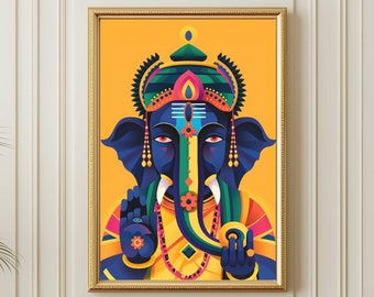 Może przedstawiać: Kolorowa ilustracja hinduskiego bóstwa Ganesha, z niebieską twarzą, żółtym ciałem i czerwono-zielonym nakryciem głowy. Obraz jest umieszczony na żółtym tle i oprawiony w złoto.