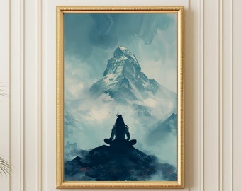 瞑想するシヴァ神の印刷可能なアート、エベレストのシヴァ神の絵画、スピリチュアルヨガスタジオのアートワーク