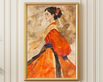 Korean Art Painting Asian Art Hanbok, Korea Art, Asian Wall Decor, Korean Painting, Korean Travel Gift, Woman in Hanbok Canvas Painting