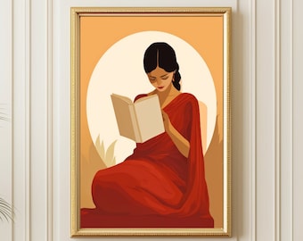Indian Women Reading Book Art, Indian Art, Desi Art, Book Lovers Wall Art, South Asian Art, Tamil Girl, Brown Girl, Retro Art Printable