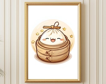Dumpling Print, Kitchen Wall Art, Asian Food Illustration, Dim Sum Poster, Bao Digital
