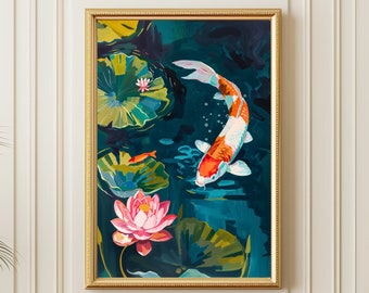 Koi Fish Painting, Lotus Illustration, Zen Japanese Poster, Digital Art Print