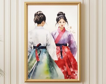Korean Hanbok Art Print, Korean Watercolor Painting, Traditional Korean Poster