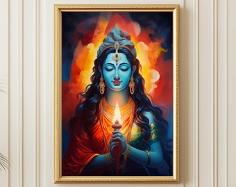 Krishna Painting, Hindu God Art, Radha Krishna Wall Decor, Traditional Indian Deity Canvas Artwork