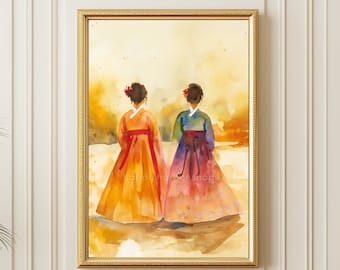 Korean Art Print, Ladies in Hanbok Watercolor Painting, Korean Poster Friendship Digital Download